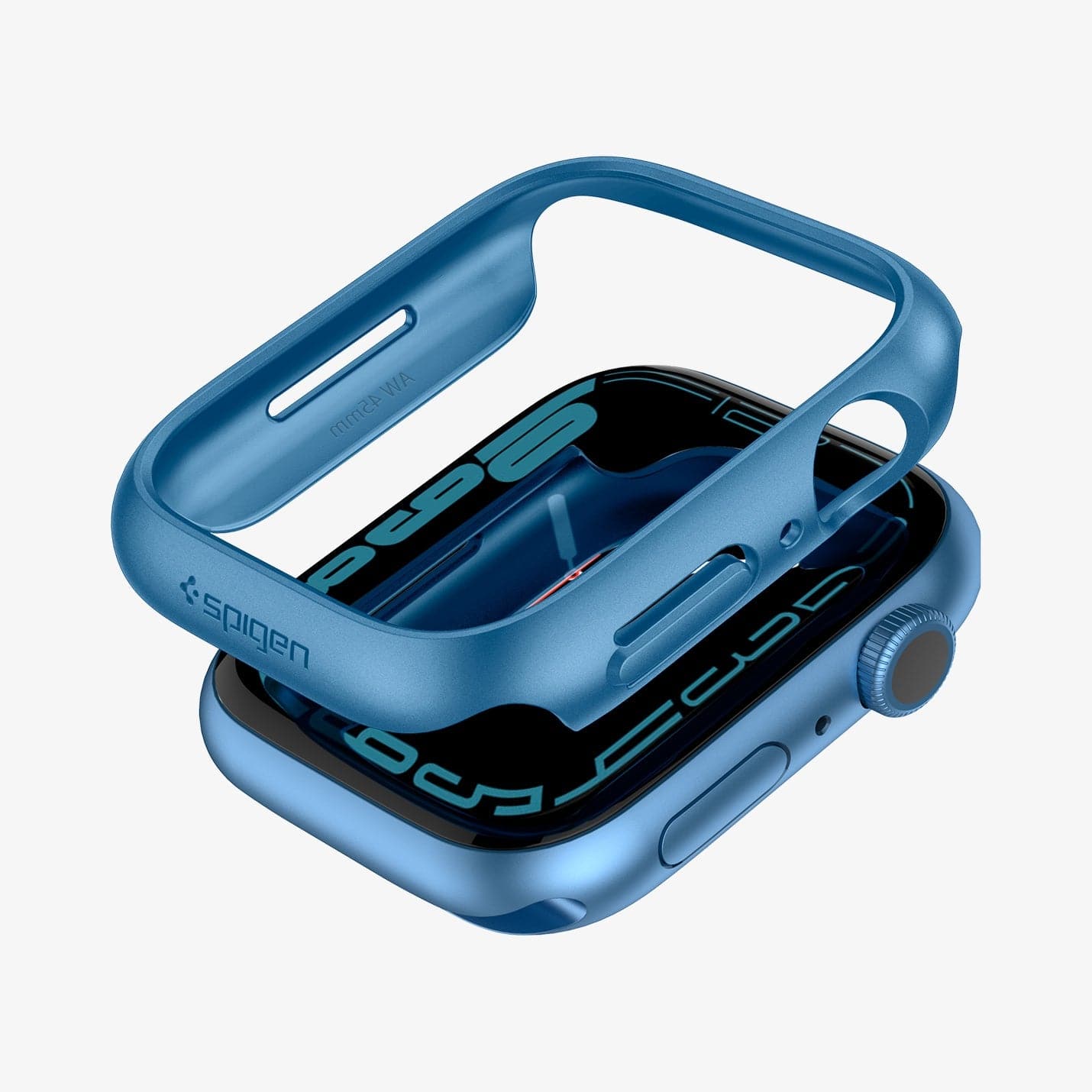 ACS04176 - Apple Watch Series (45mm) Case Thin Fit in metallic blue showing the case hovering above the watch face