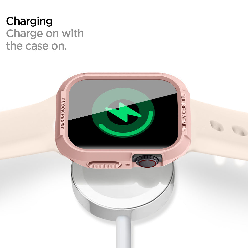 062CS24470 - Apple Watch Series (Apple Watch (45mm)) Case Rugged Armor in rose gold charging on with the case on.