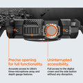 ACS05460 - Apple Watch Series (Apple Watch (49mm)) in matte black showing precise opening for full functionality. Accurate access to Ultra's three-microphone array and depth gauge features. Uninterrupted accessibility. Full access to the digital crown and the side button without any disruption.