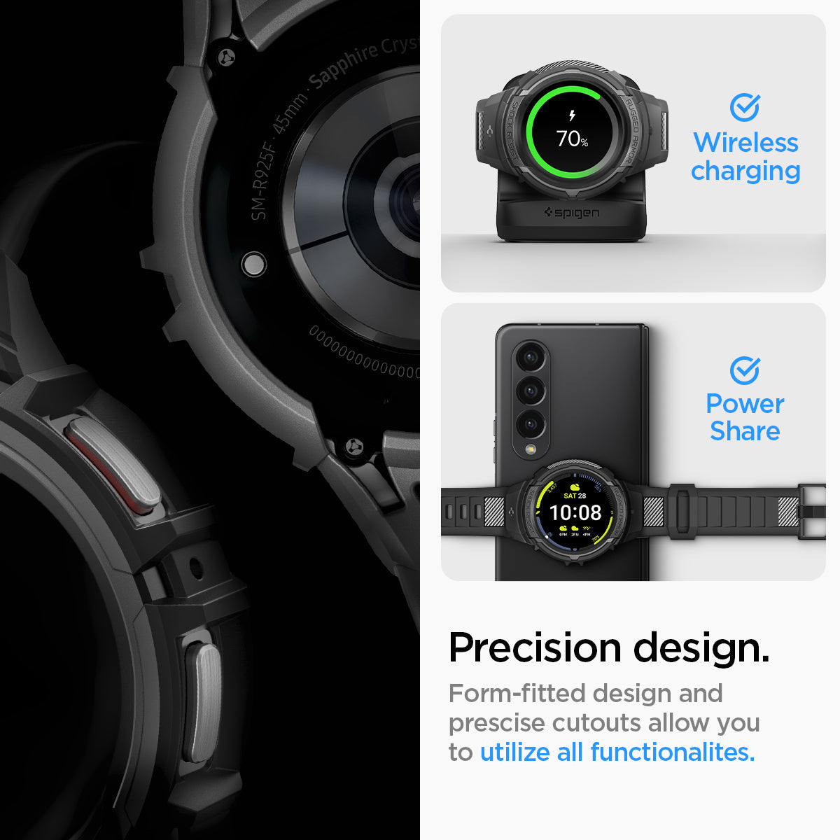ACS05301 - Galaxy Watch 5 Pro (45mm) Case Rugged Armor Pro in black wireless charging. power share. precision design. Form fitted design and precise cutouts allow you to utilize all functionalites.