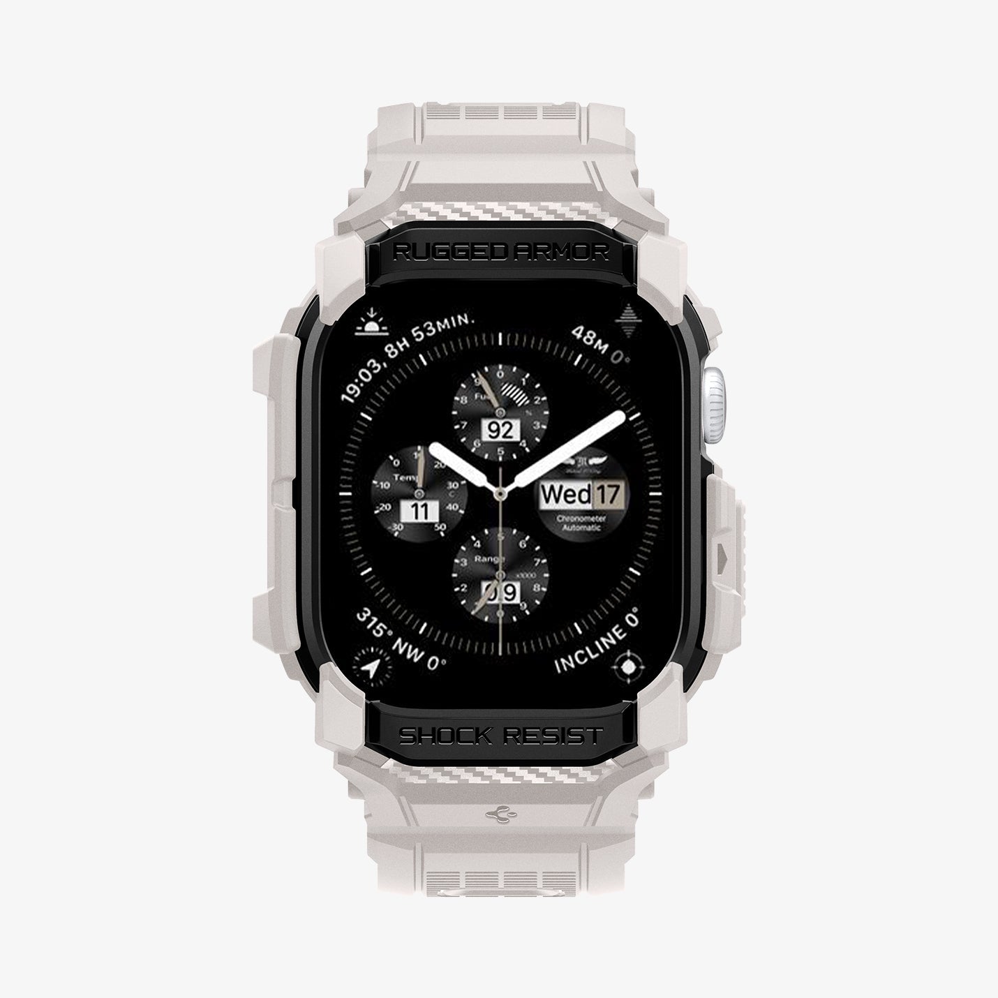ACS08593 - Apple Watch 10 (42mm) Case Rugged Armor Pro in Dune Beige showing the front and partial sides
