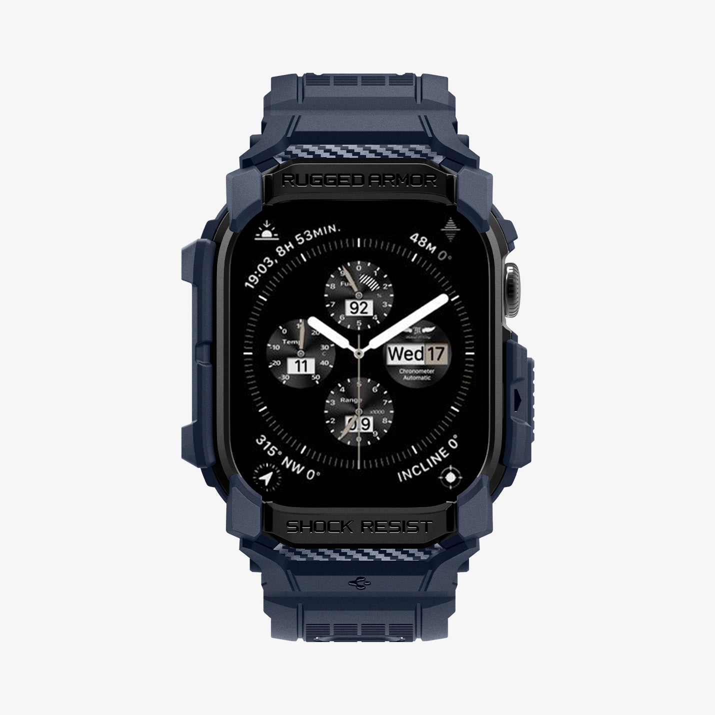 ACS08592 - Apple Watch 10 (42mm) Case Rugged Armor Pro in Navy Blue showing the 
front and partial sides