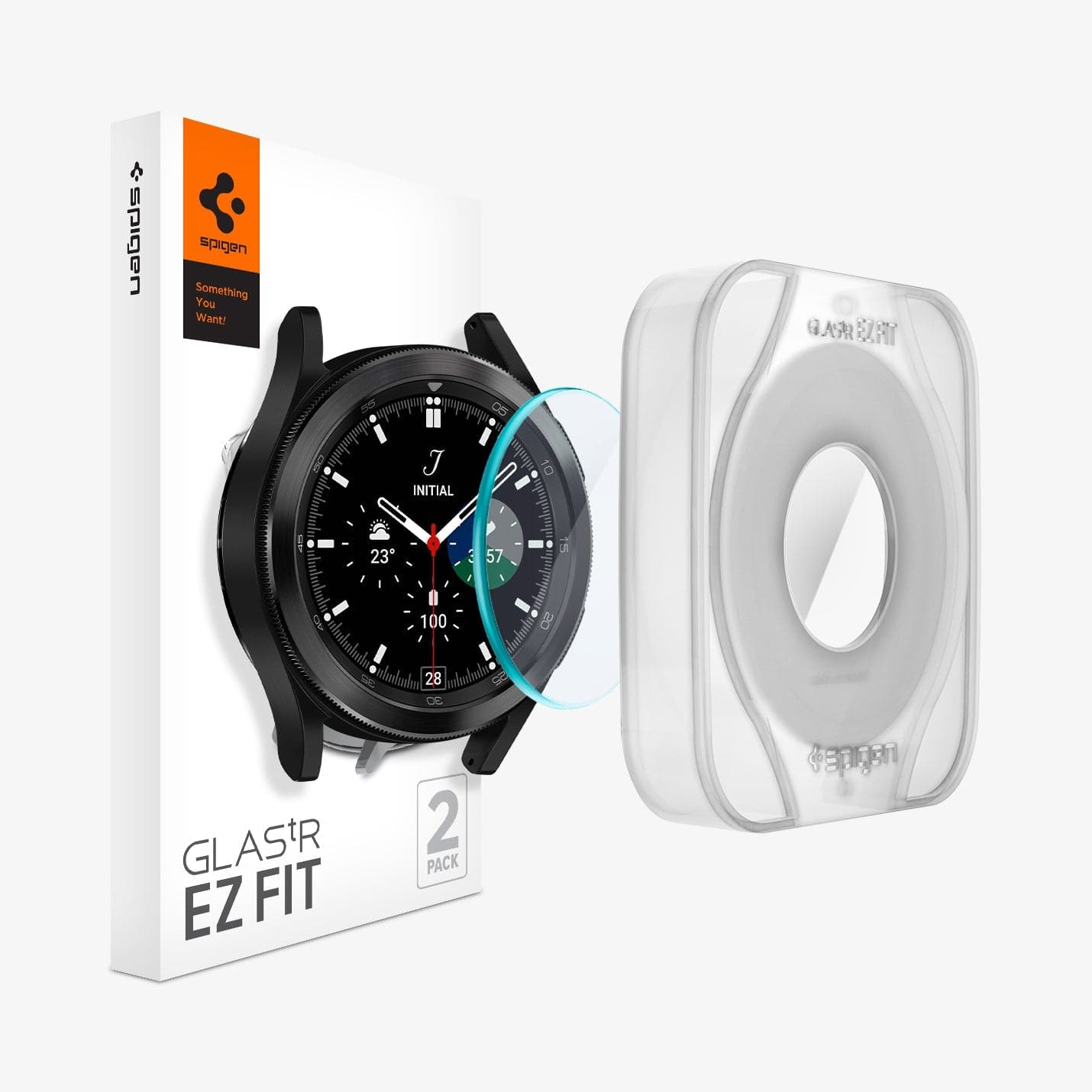AGL03430 - Galaxy Watch 4 Classic (46mm) Screen Protector EZ FIT GLAS.tR showing the watch face, screen protector, ez fit tray and packaging