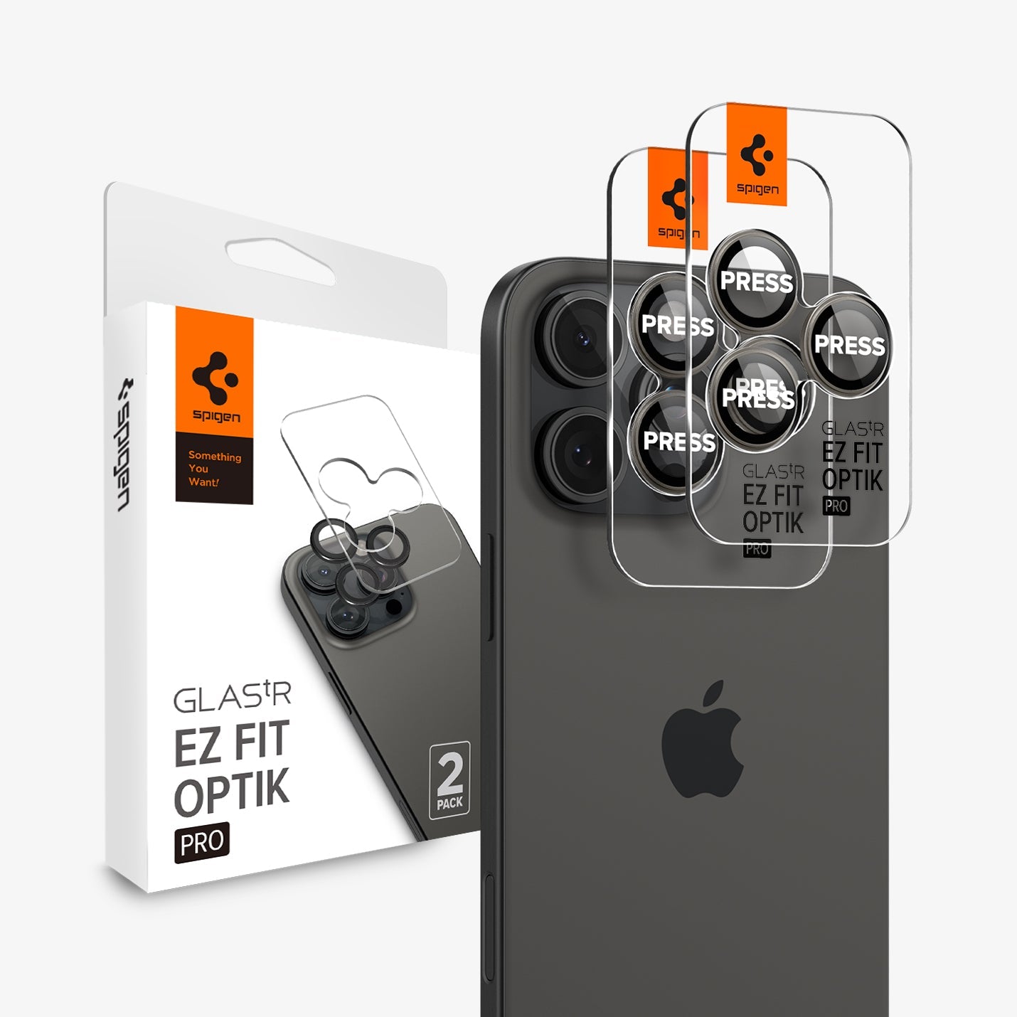AGL08864 - iPhone 16 Pro Max / iPhone 16 Pro Optik Pro EZ Fit Lens Protector in Titanium showing the device, two lens protectors and packaging